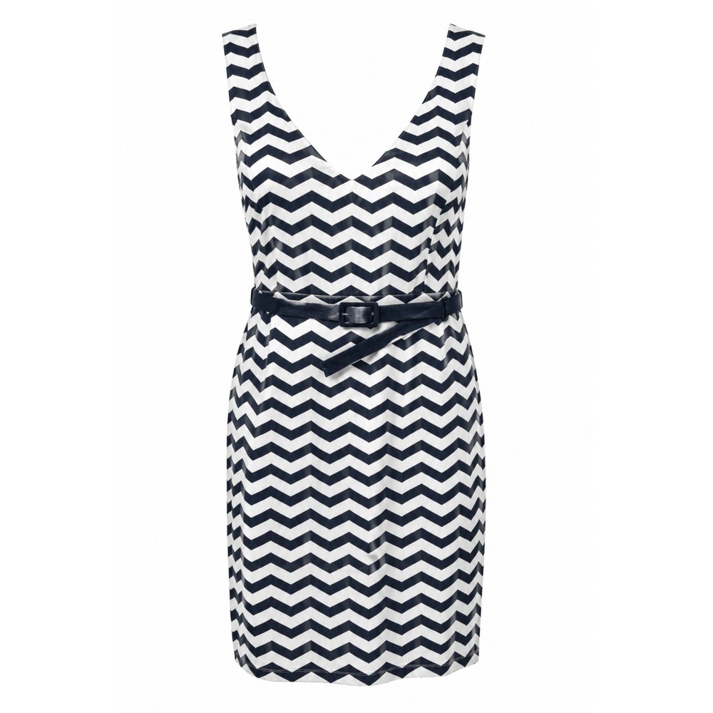 White House Black Market Dress 6 Black White Chevron Belted Preppy Sleeveless